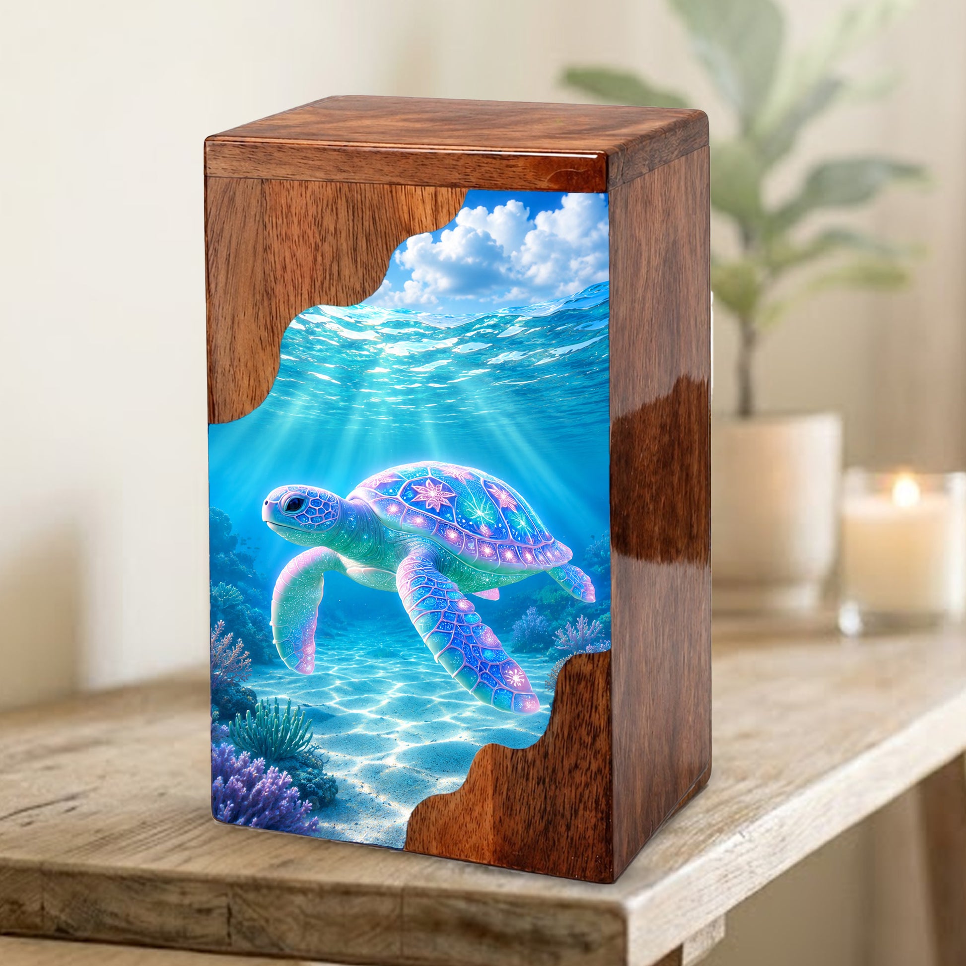 Sea Turtle Wooden Cremation Urn – Ocean Memorial Urn for Human Ashes