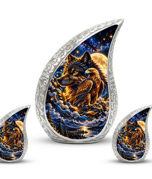 Wolf and Eagle Cremation Urn for Ashes, Wildlife Adult Memorial Urn, Celestial Animal Design