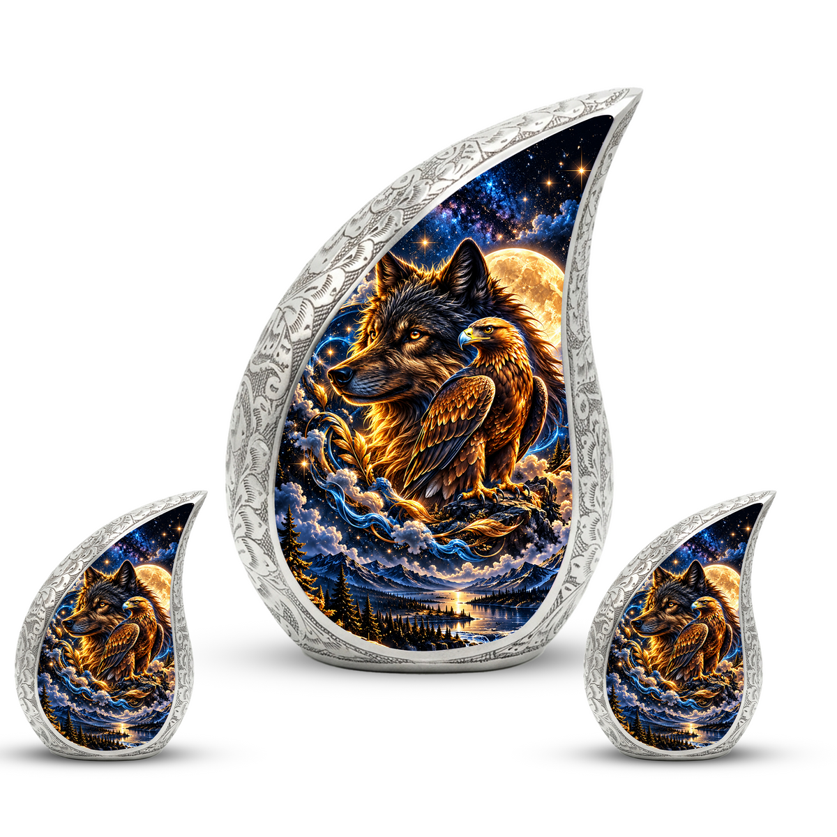 Wolf and Eagle Cremation Urn for Ashes, Wildlife Adult Memorial Urn, Celestial Animal Design