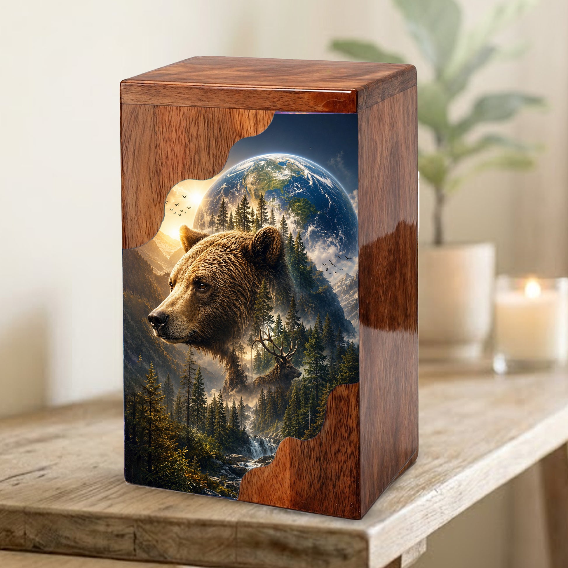 Wooden Cremation Urn for Human Ashes, Bear Memorial Urn