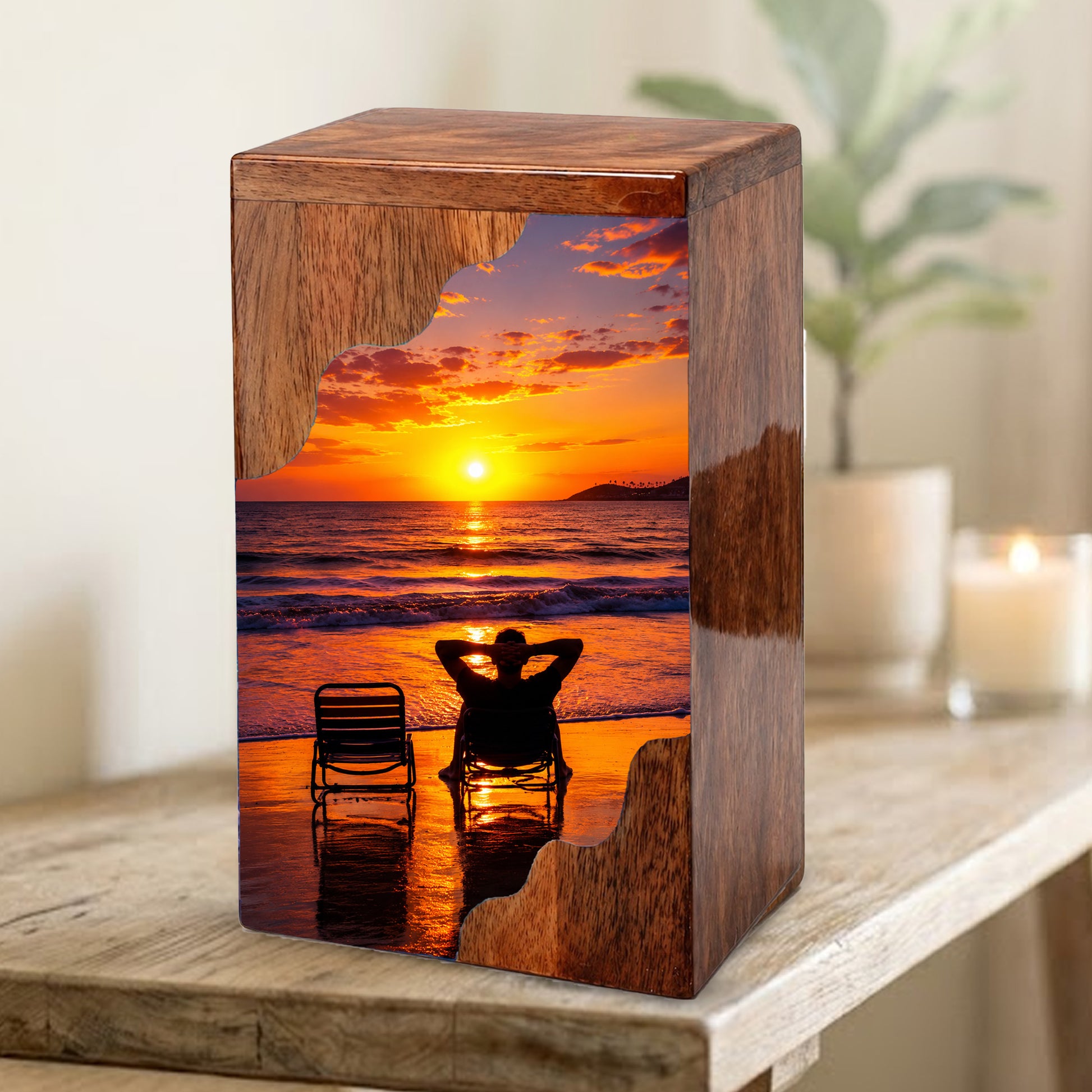 Personalised Wooden Beach Urn for Dad | Wooden Cremation Urn for Human Ashes