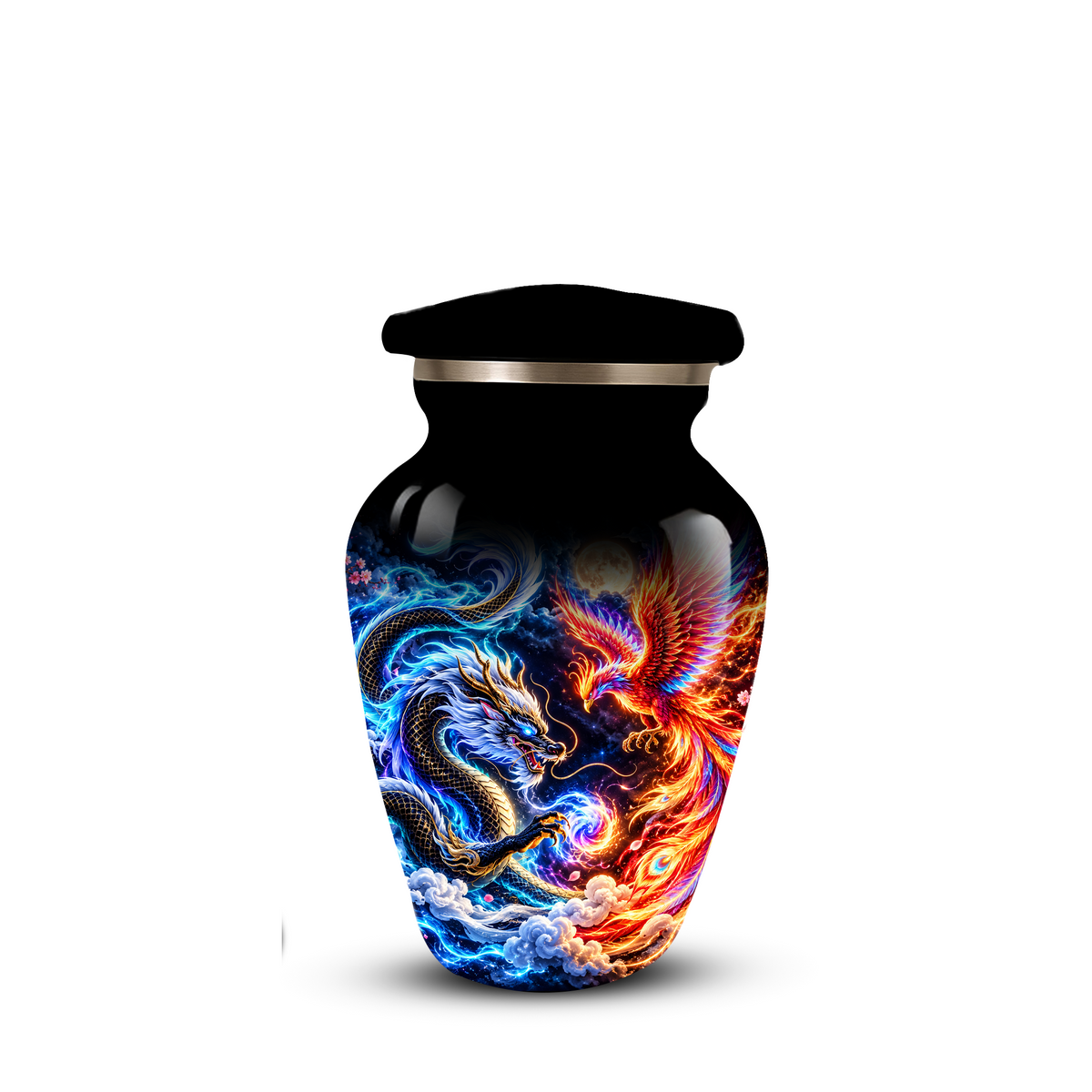Blue Dragon and Phoenix Cremation Urn for Adult Ashes, Fantasy Bird Memorial Urn