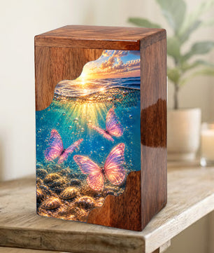 Butterfly Ocean Cremation Urn – Wooden Urn for Human Ashes