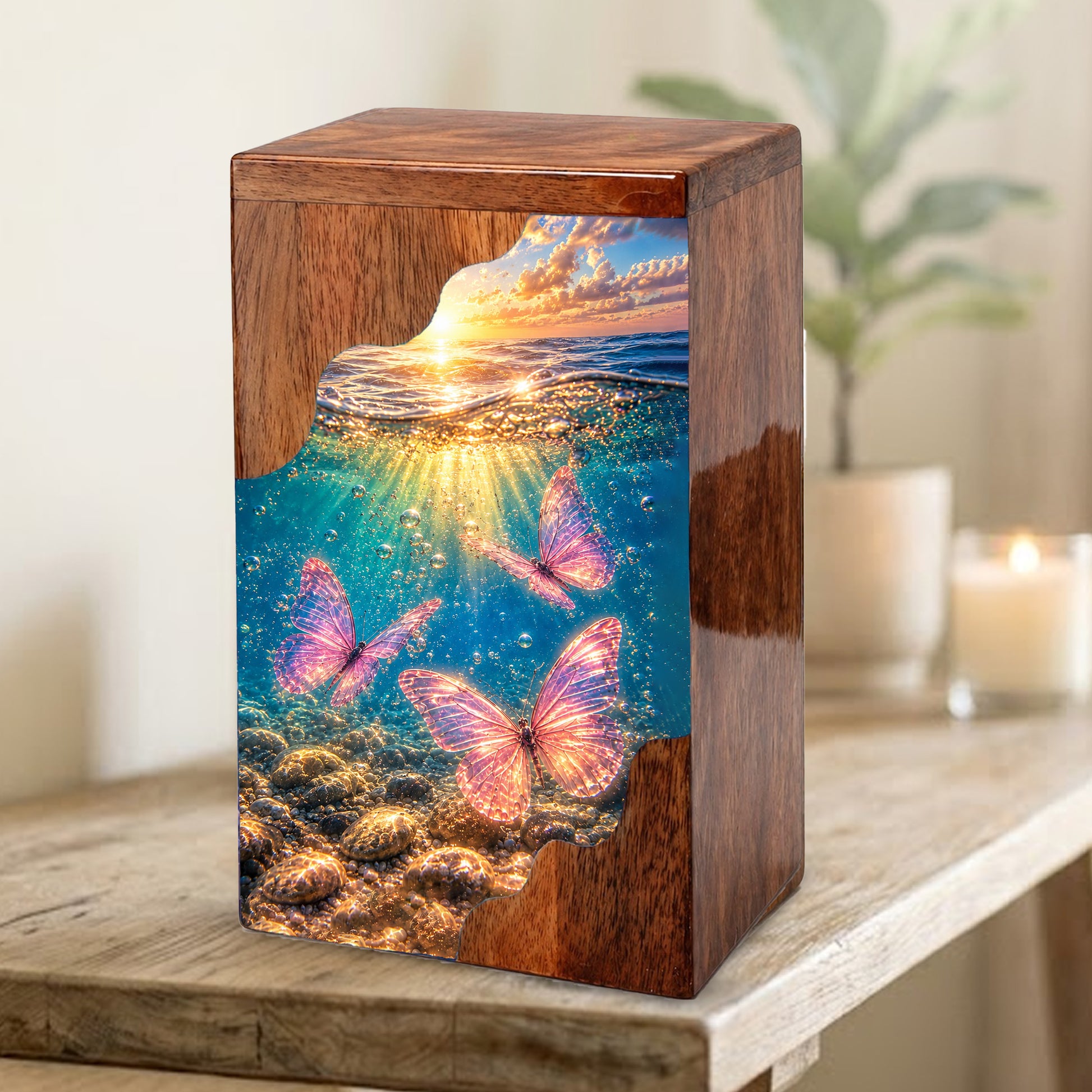 Butterfly Ocean Cremation Urn – Wooden Urn for Human Ashes