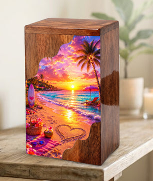 Beach Wooden Cremation Urn – Tropical Sunset Memorial Urn | Wooden Urn for Human Ashes