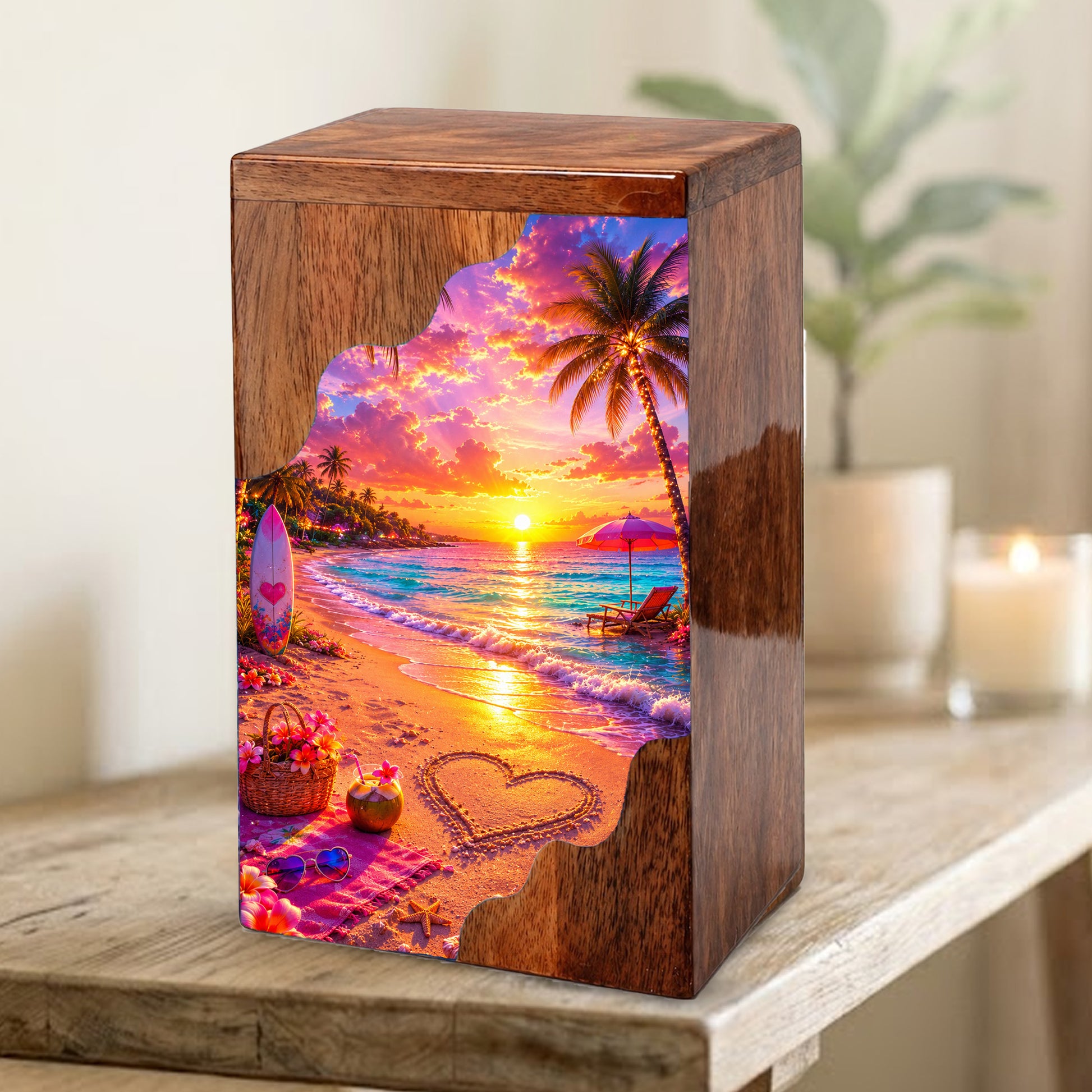 Beach Wooden Cremation Urn – Tropical Sunset Memorial Urn | Wooden Urn for Human Ashes