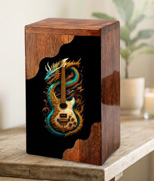 Dragon Guitar Wooden Cremation Urn – Music Memorial Urn with Mythical Dragon