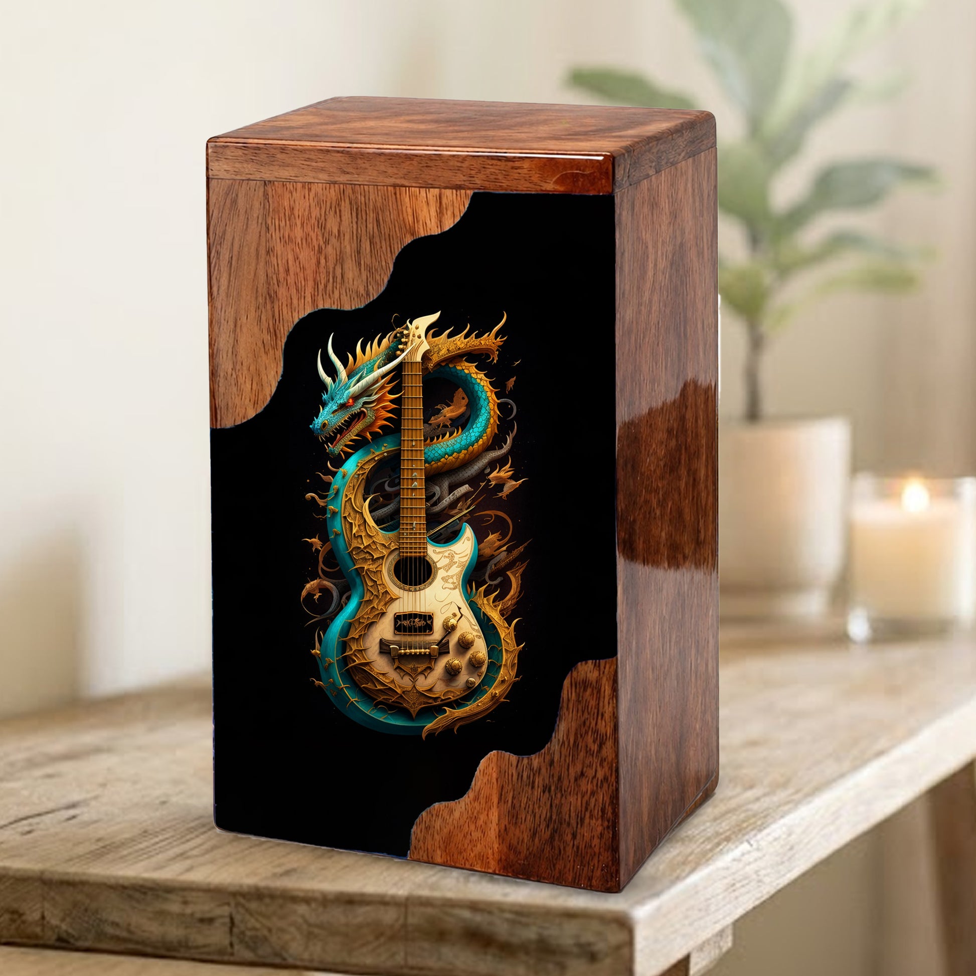 Dragon Guitar Wooden Cremation Urn – Music Memorial Urn with Mythical Dragon