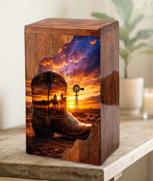 Cowboy Boot Wooden Cremation Urn – Wooden Urn for Human Ashes