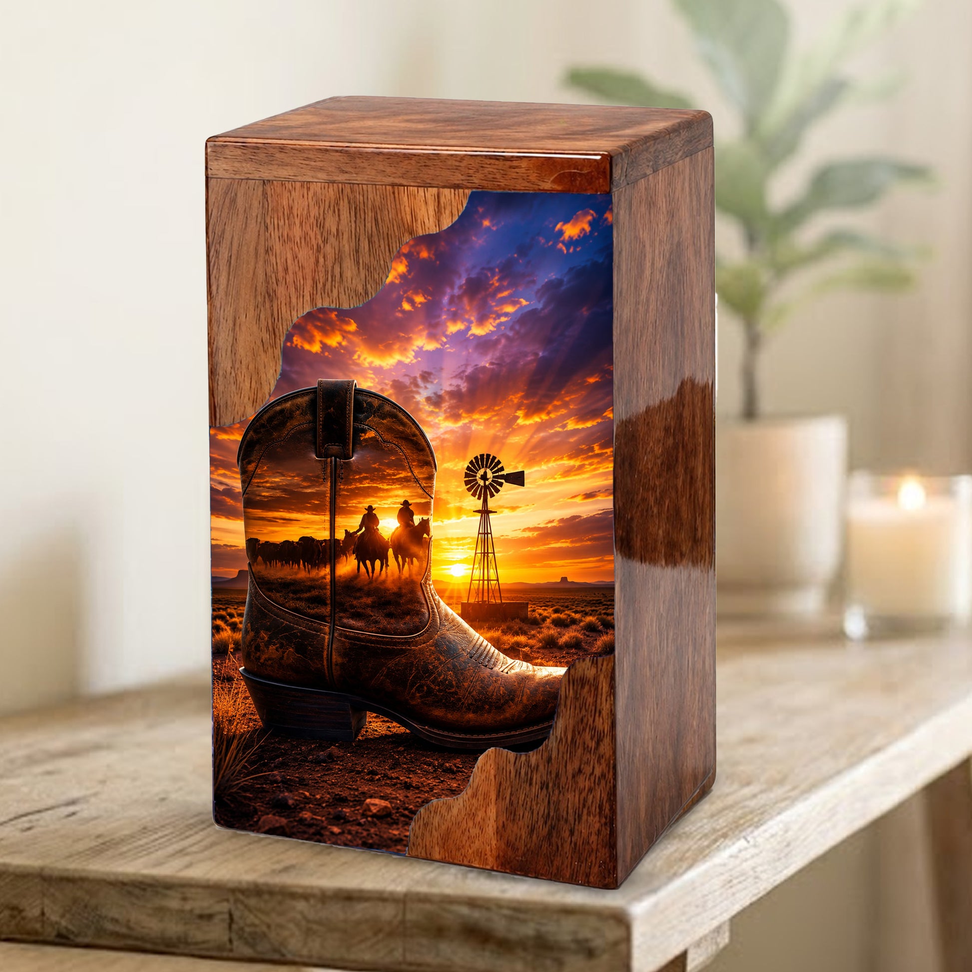 Cowboy Boot Wooden Cremation Urn – Wooden Urn for Human Ashes