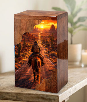 Cowboy Wooden Cremation Urn – Western Memorial Urn for Human Ashes