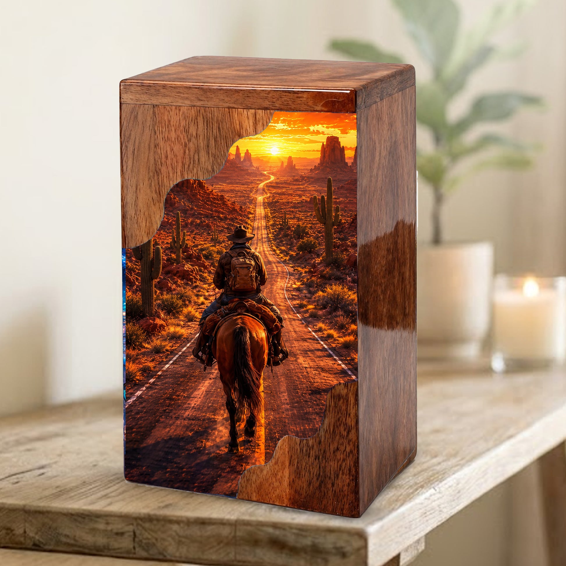 Cowboy Wooden Cremation Urn – Western Memorial Urn for Human Ashes