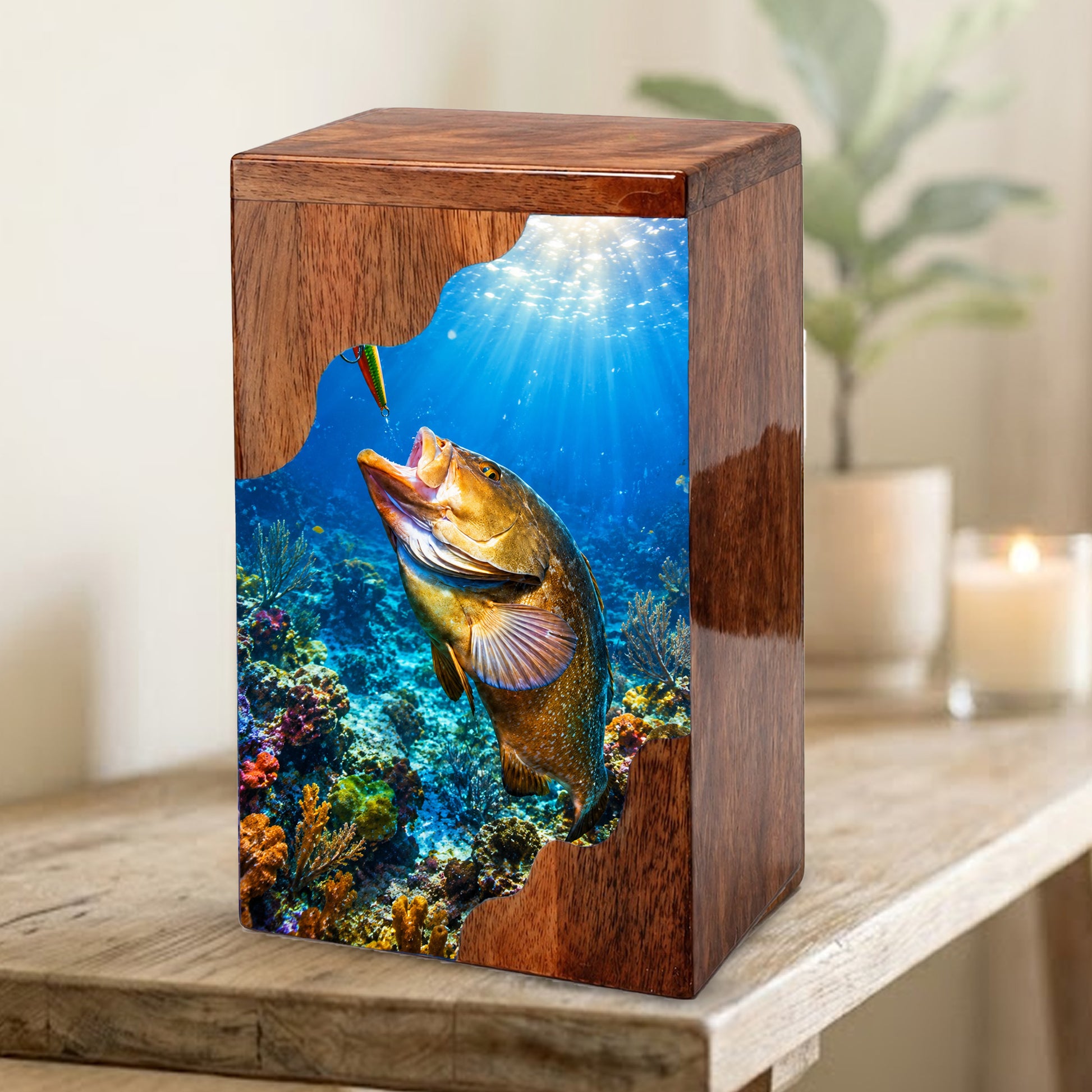 Fishing Wooden Cremation Urn – Ocean Fishing Memorial Urn for Human Ashes