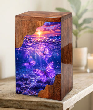 Purple Butterfly Ocean Wooden Cremation Urn – Wooden Urn for Human Ashes