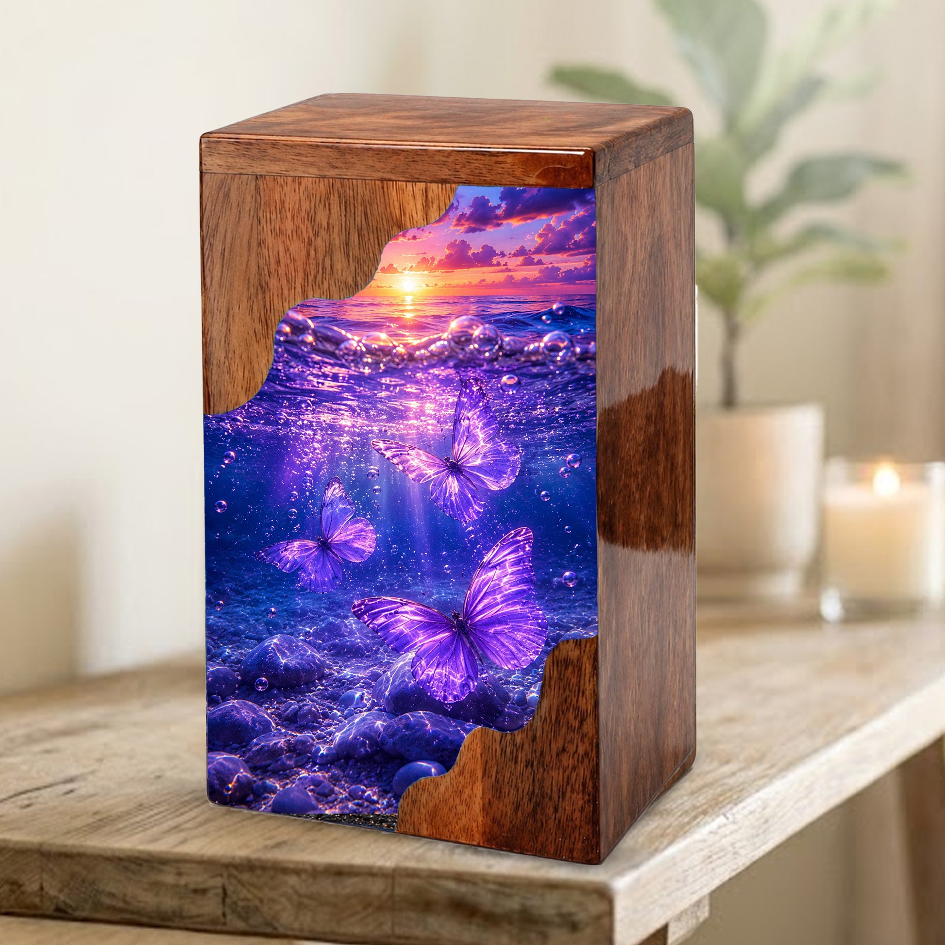 Purple Butterfly Ocean Wooden Cremation Urn – Wooden Urn for Human Ashes
