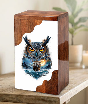 Owl Wooden Cremation Urn – Moonlit Owl Memorial Urn with Ocean Ship Artwork