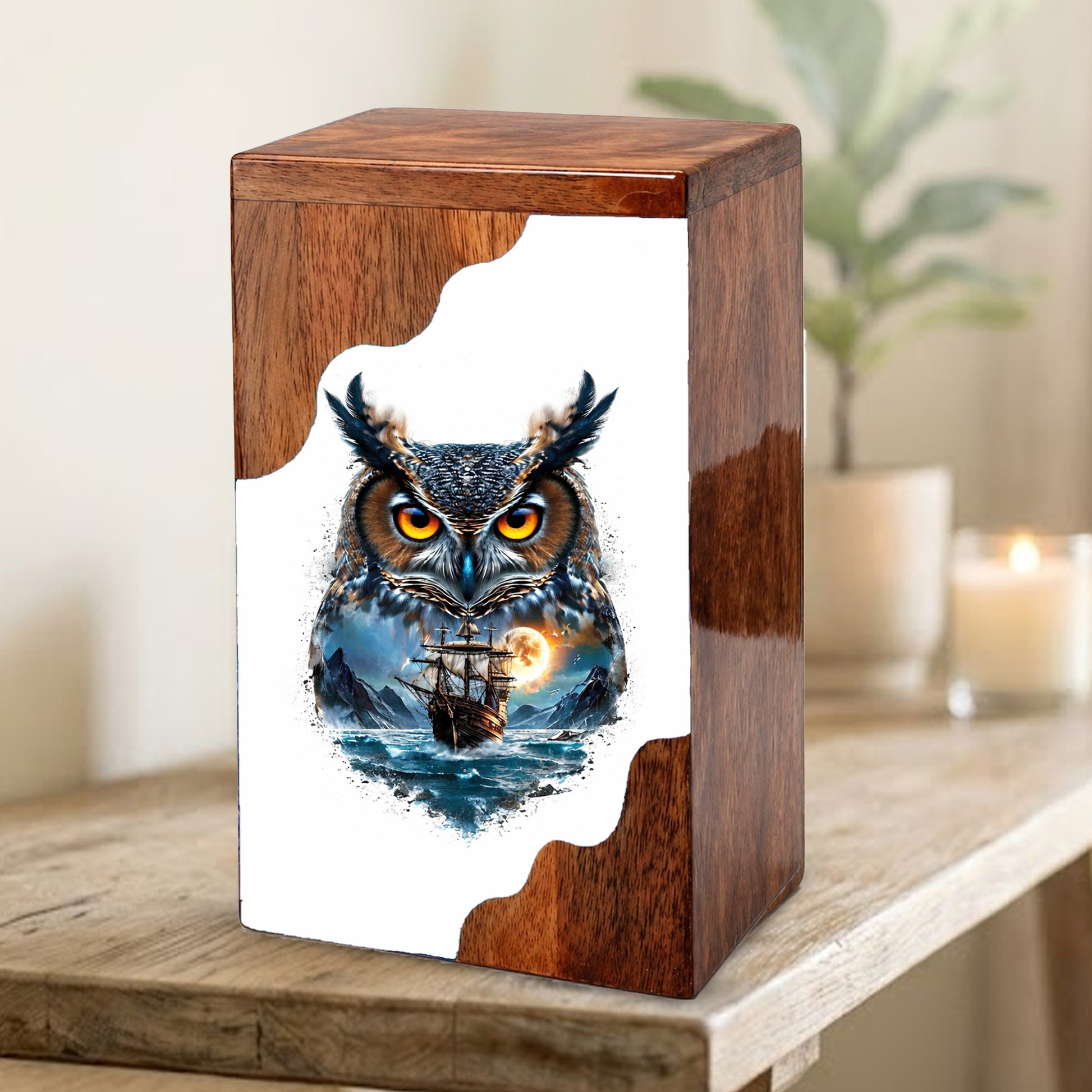 Owl Wooden Cremation Urn – Moonlit Owl Memorial Urn with Ocean Ship Artwork