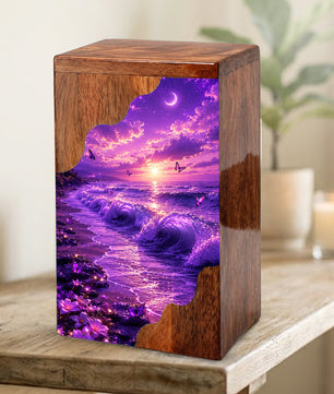 Moonlit Ocean Butterfly Wooden Cremation Urn – Beach Theme Wooden Urn for Human Ashes