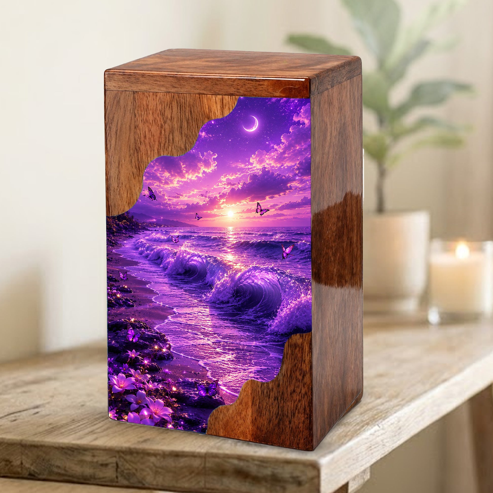 Moonlit Ocean Butterfly Wooden Cremation Urn – Beach Theme Wooden Urn for Human Ashes