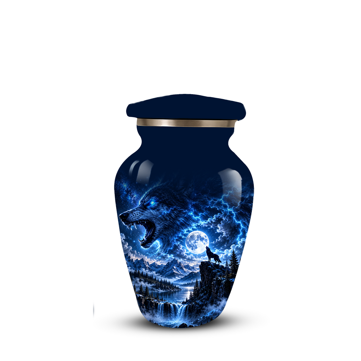 Personalized Adult Cremation Urn for Ashes, Blue Lightning Wolf Memorial Urn, Custom Wolf Howling at Moon Urn