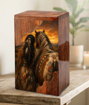 Native Spirit Wooden Cremation Urn – Horse Memorial Urn for Human Ashes | Sunset Tribute Wooden Urn