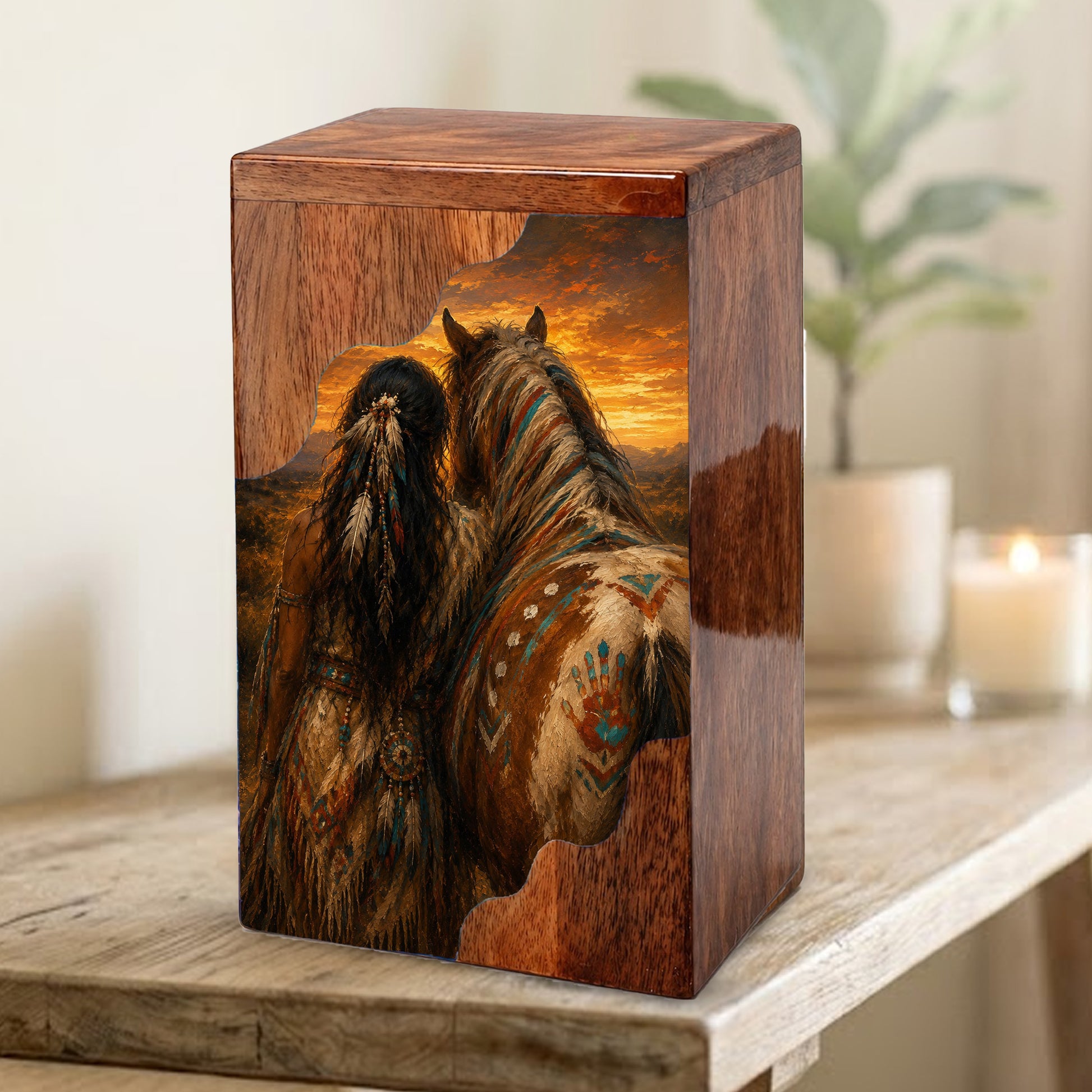 Native Spirit Wooden Cremation Urn – Horse Memorial Urn for Human Ashes | Sunset Tribute Wooden Urn