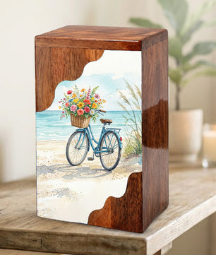 Wooden Cremation Urn – Coastal Bicycle Memorial Urn | Beach Memory Wooden Urn for Ashes