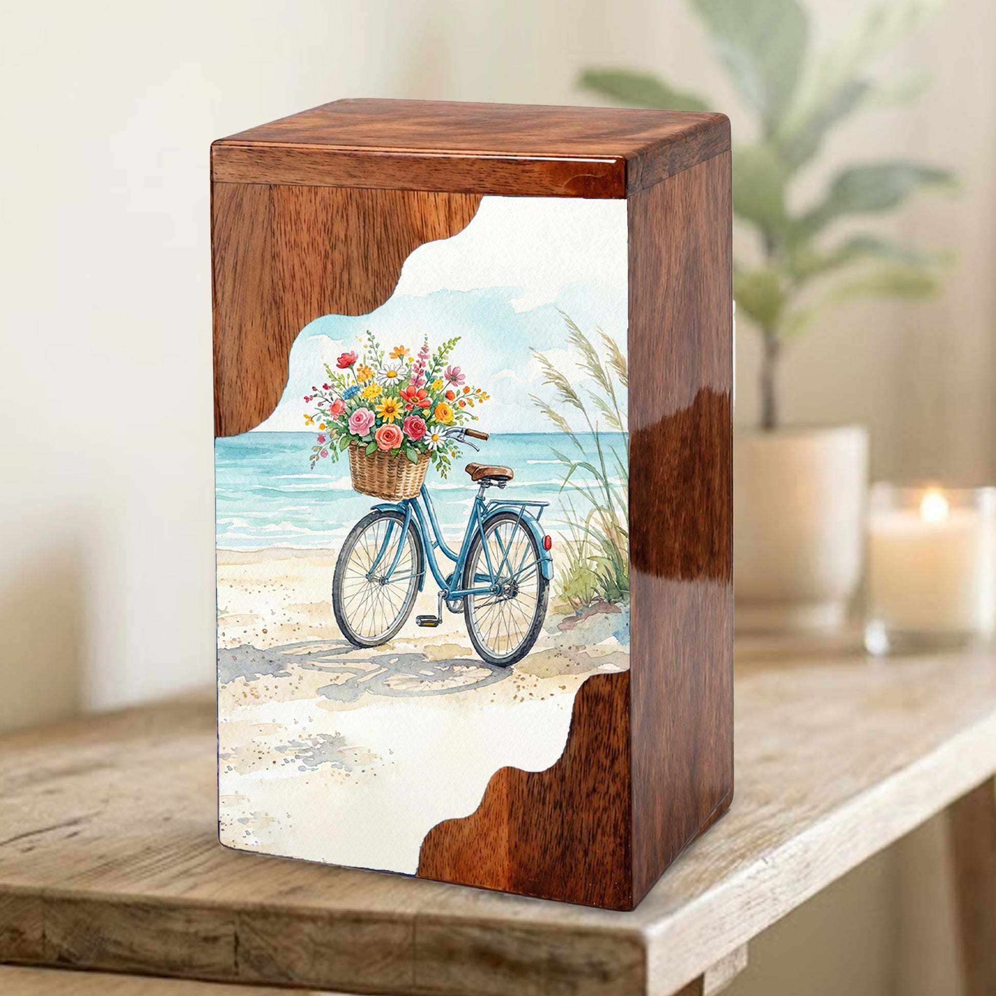 Wooden Cremation Urn – Coastal Bicycle Memorial Urn | Beach Memory Wooden Urn for Ashes