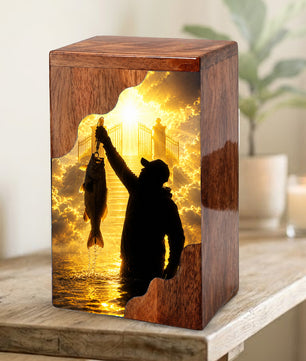 Fishing in Heaven Wooden Cremation Urn – Gone Fishing Memorial Urn for Human Ashes