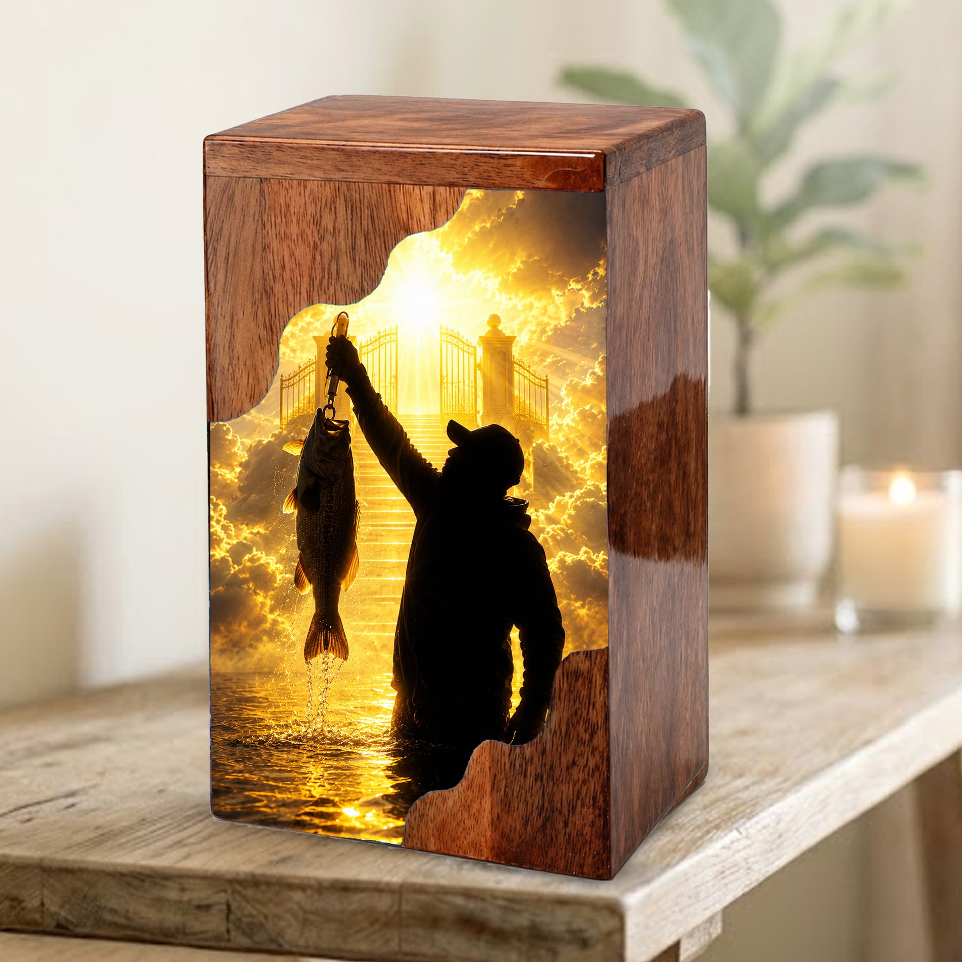 Fishing in Heaven Wooden Cremation Urn – Gone Fishing Memorial Urn for Human Ashes