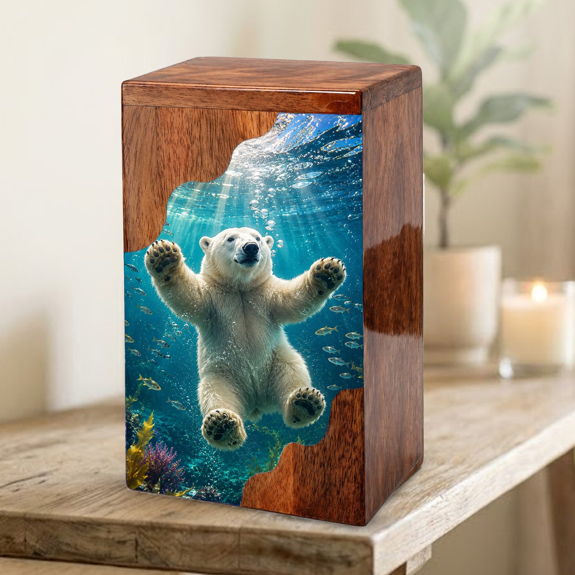 Polar Bear Wooden Cremation Urn – Ocean Memorial Urn for Human Ashes