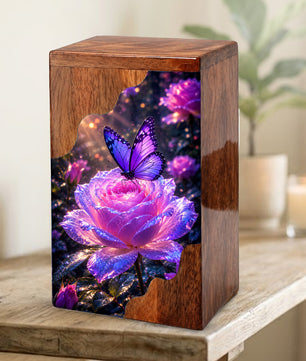 Purple Butterfly Rose Wooden Cremation Urn – Wooden Urn for Human Ashes