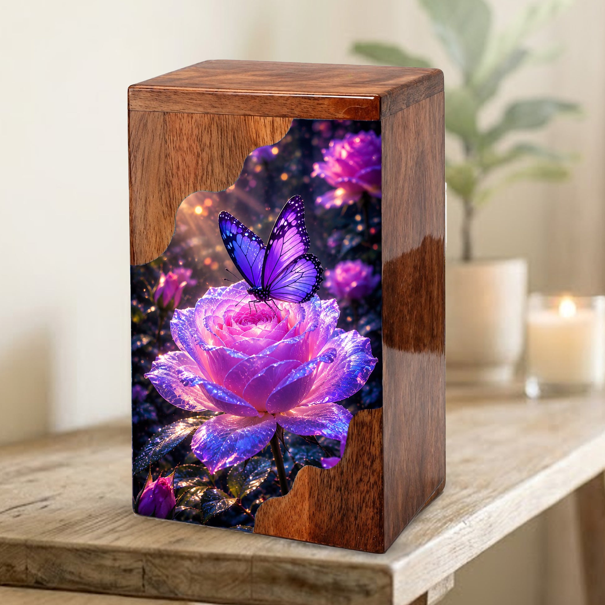 Purple Butterfly Rose Wooden Cremation Urn – Wooden Urn for Human Ashes