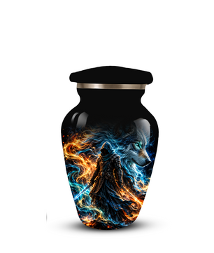 Personalized Adult Cremation Urn for Ashes, Custom Wolf Memorial Urn, Fantasy Warrior Blue and Orange Flame Artwork