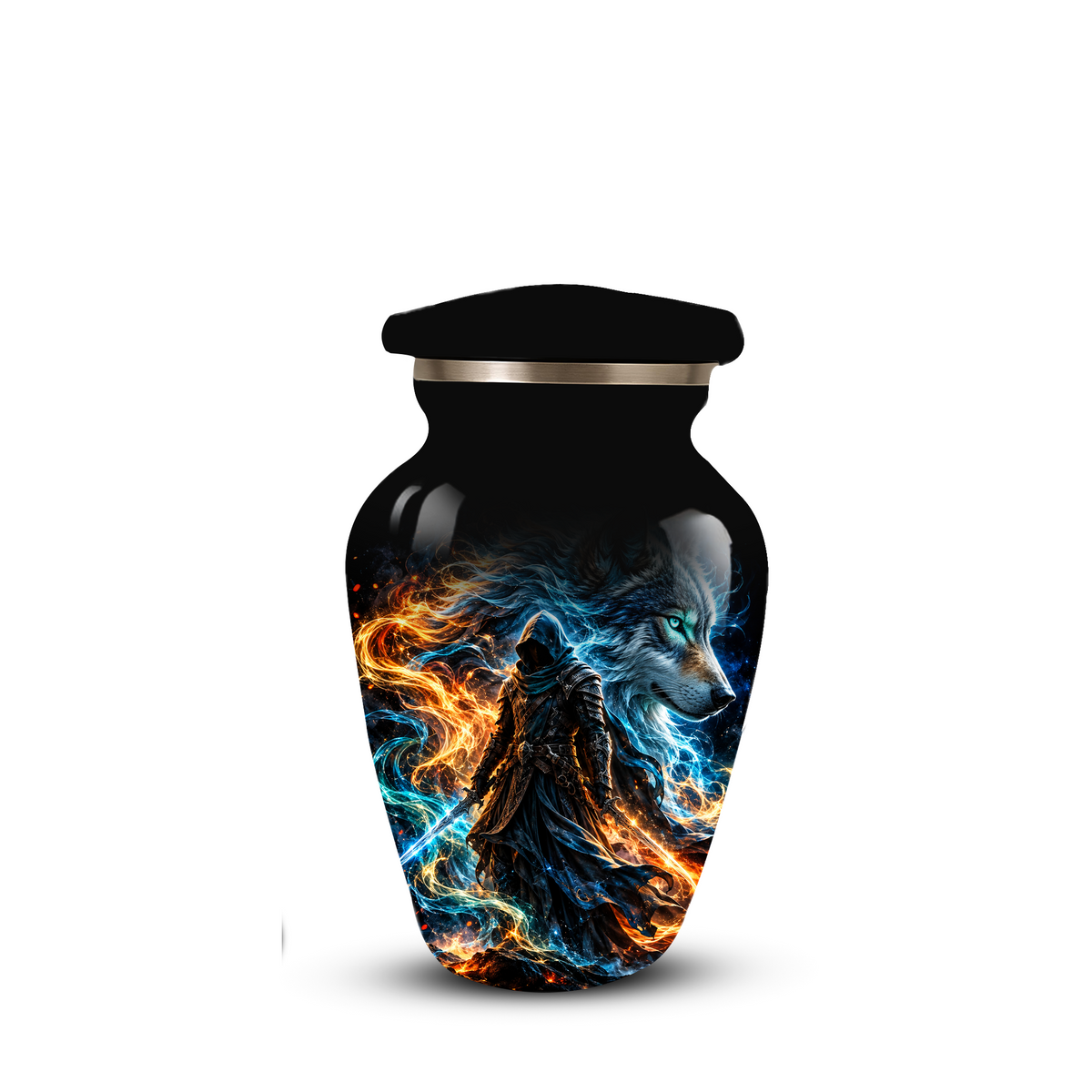 Personalized Adult Cremation Urn for Ashes, Custom Wolf Memorial Urn, Fantasy Warrior Blue and Orange Flame Artwork