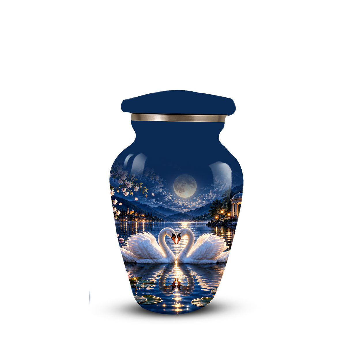 Personalized Adult Cremation Urn for Ashes, Two Swans Under the Full Moon Memorial Urn
