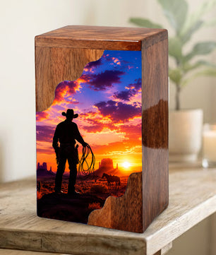 Cowboy Sunset Wooden Cremation Urn – Wooden Urn for Human Ashes