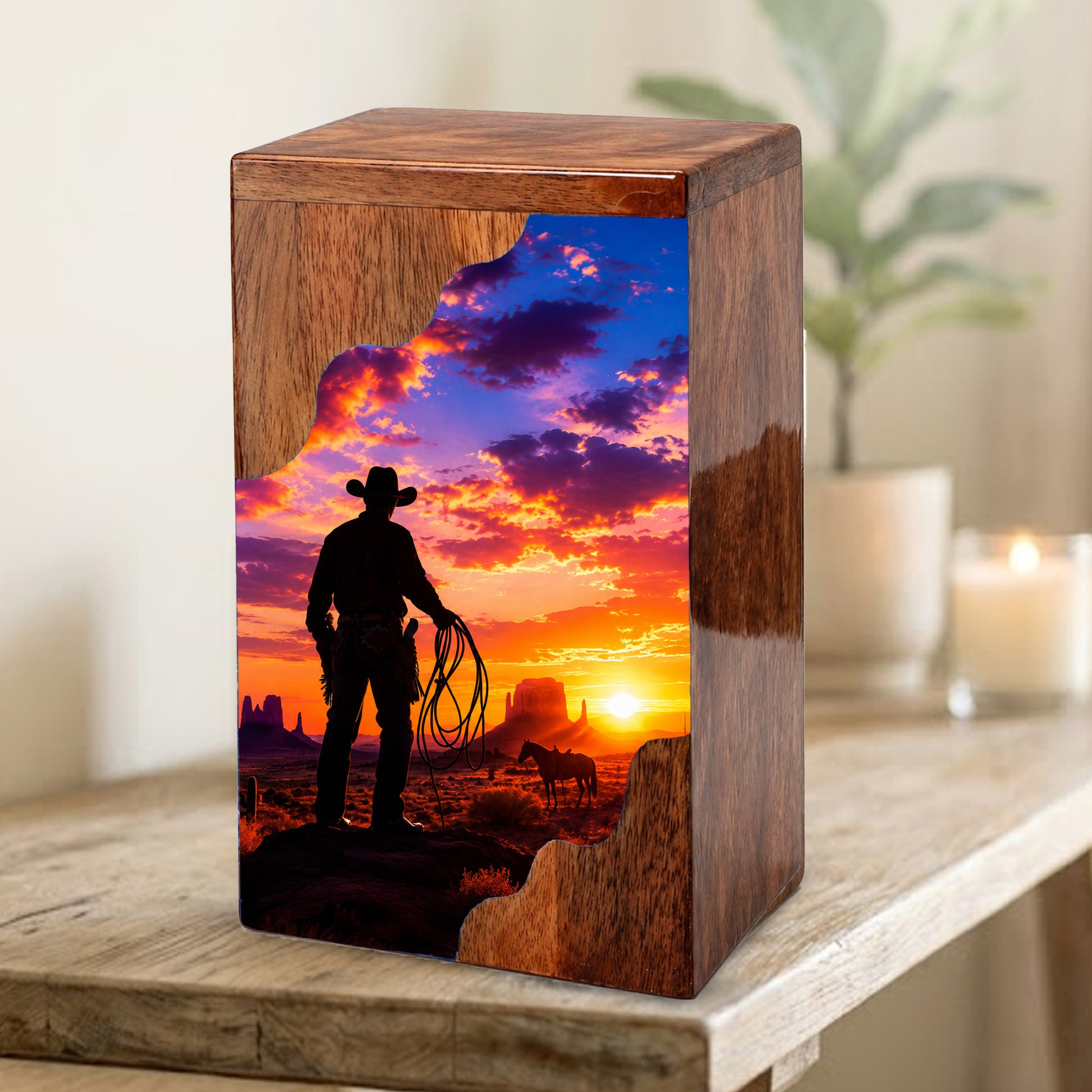 Cowboy Sunset Wooden Cremation Urn – Wooden Urn for Human Ashes