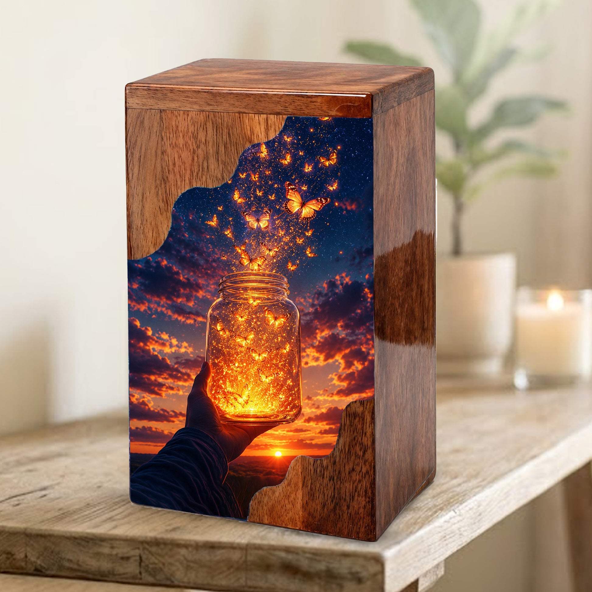 Butterfly Release Wooden Cremation Urn – Sunset Memorial Urn for Human Ashes