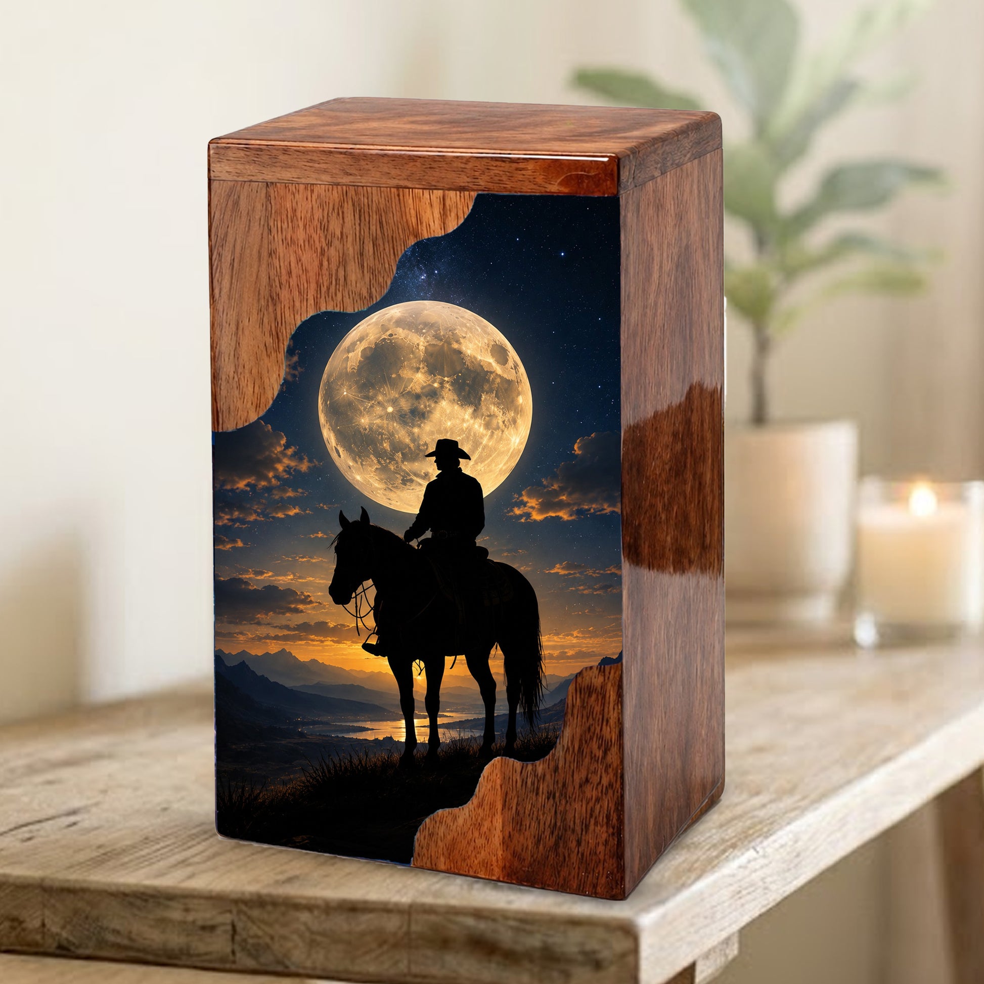Cowboy Wooden Cremation Urn for Human Ashes