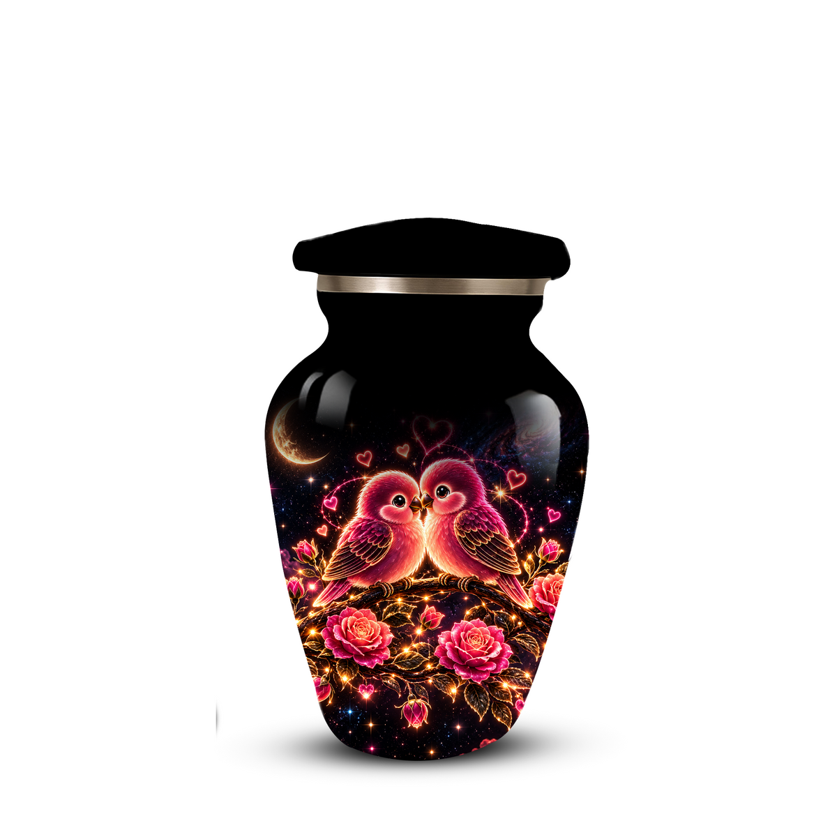Love Birds Cremation Urn for Adult Ashes, Romantic Pink Birds and Roses Memorial Urn