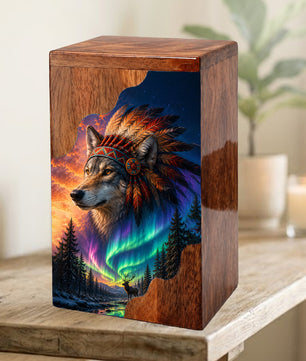 Wolf Wooden Cremation Urn – Northern Lights Memorial Urn