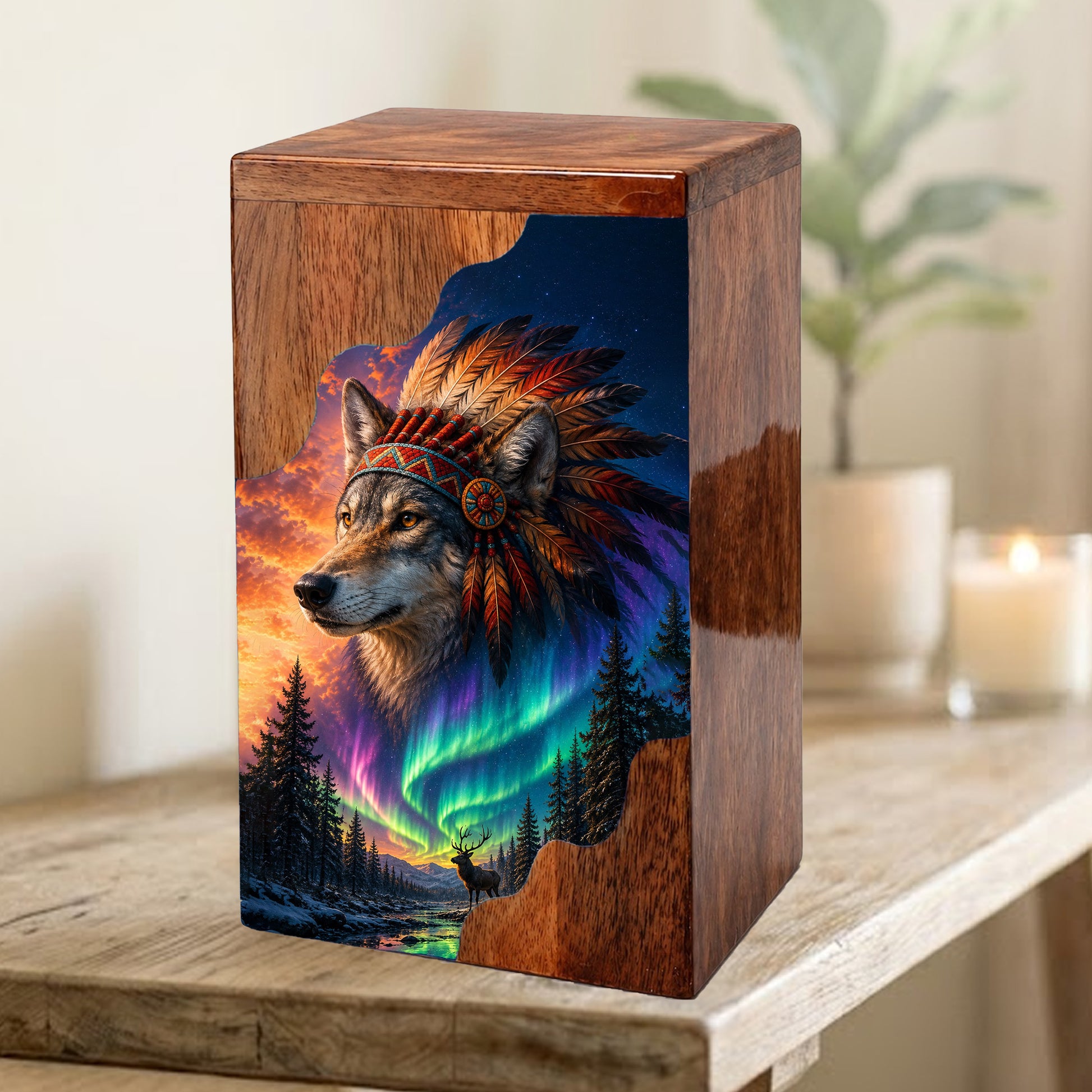 Wolf Wooden Cremation Urn – Northern Lights Memorial Urn
