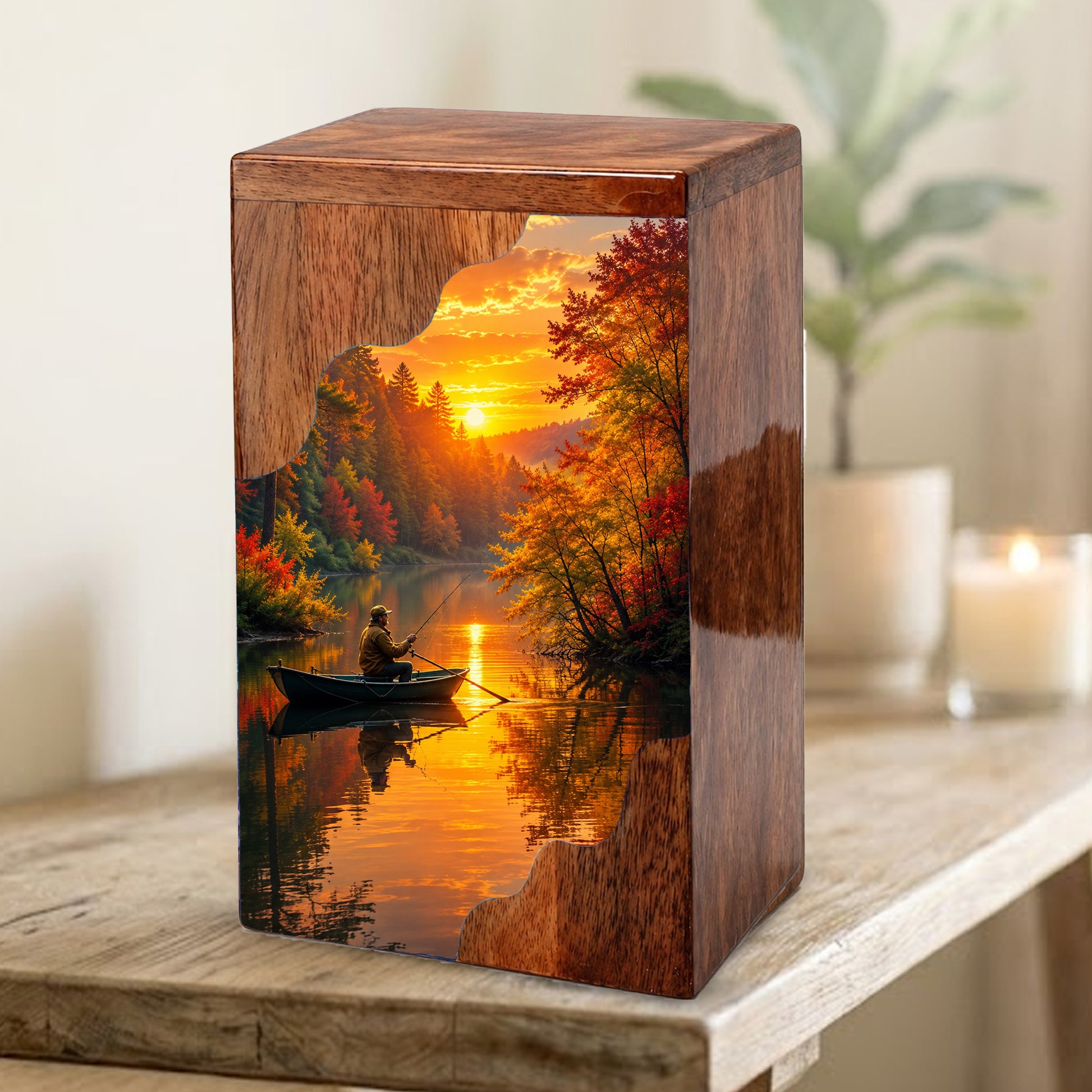 Fishing Wooden Cremation Urn – Gone Fishing Memorial Urn for Human Ashes