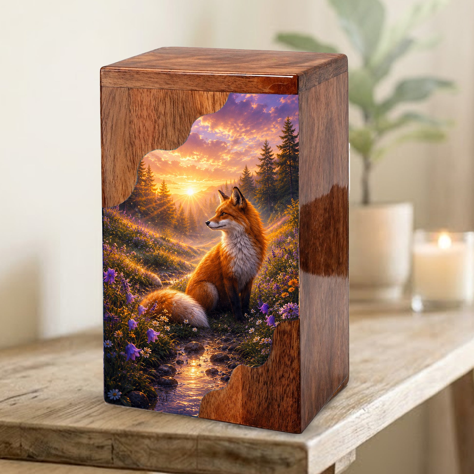 Wooden Cremation Urn for Human Ashes, Fox Memorial Urn