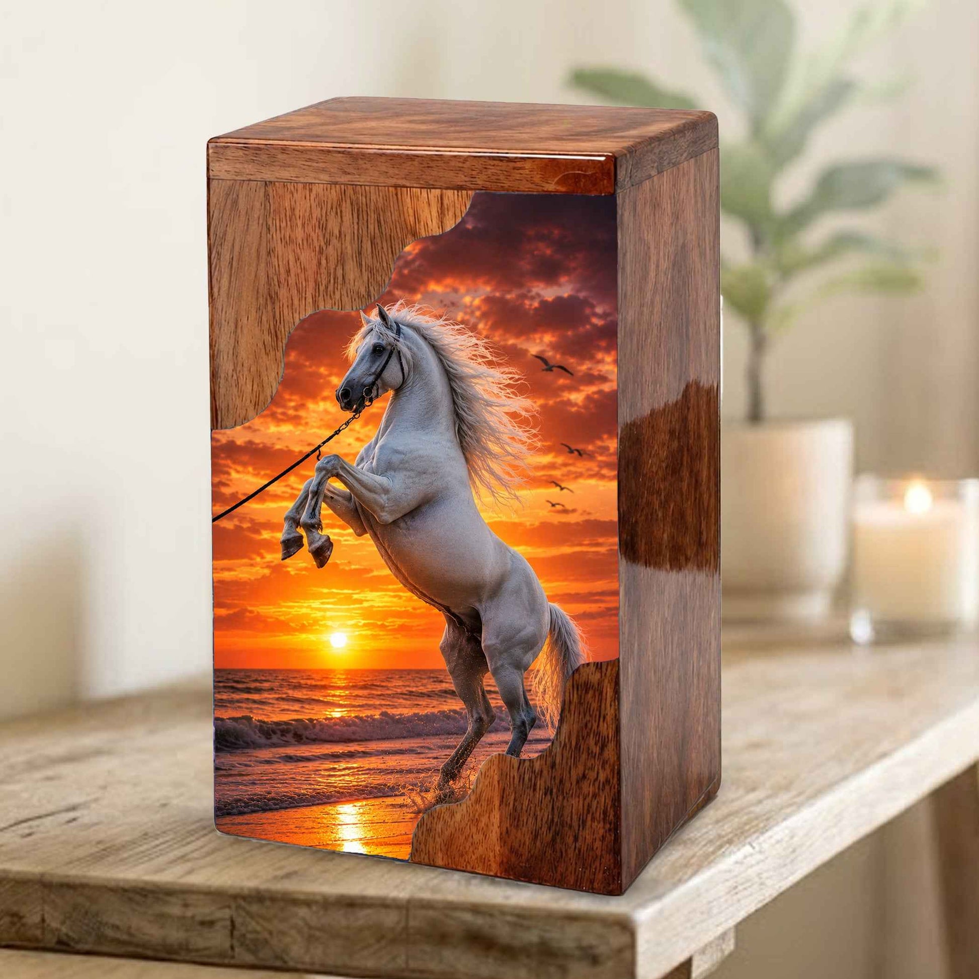 Wooden Cremation Urn for Human Ashes | White Horse Memorial Urn
