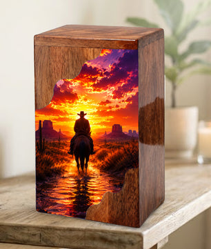 Western Cowboy Wooden Cremation Urn – Sunset Horse Memorial Urn for Human Ashes