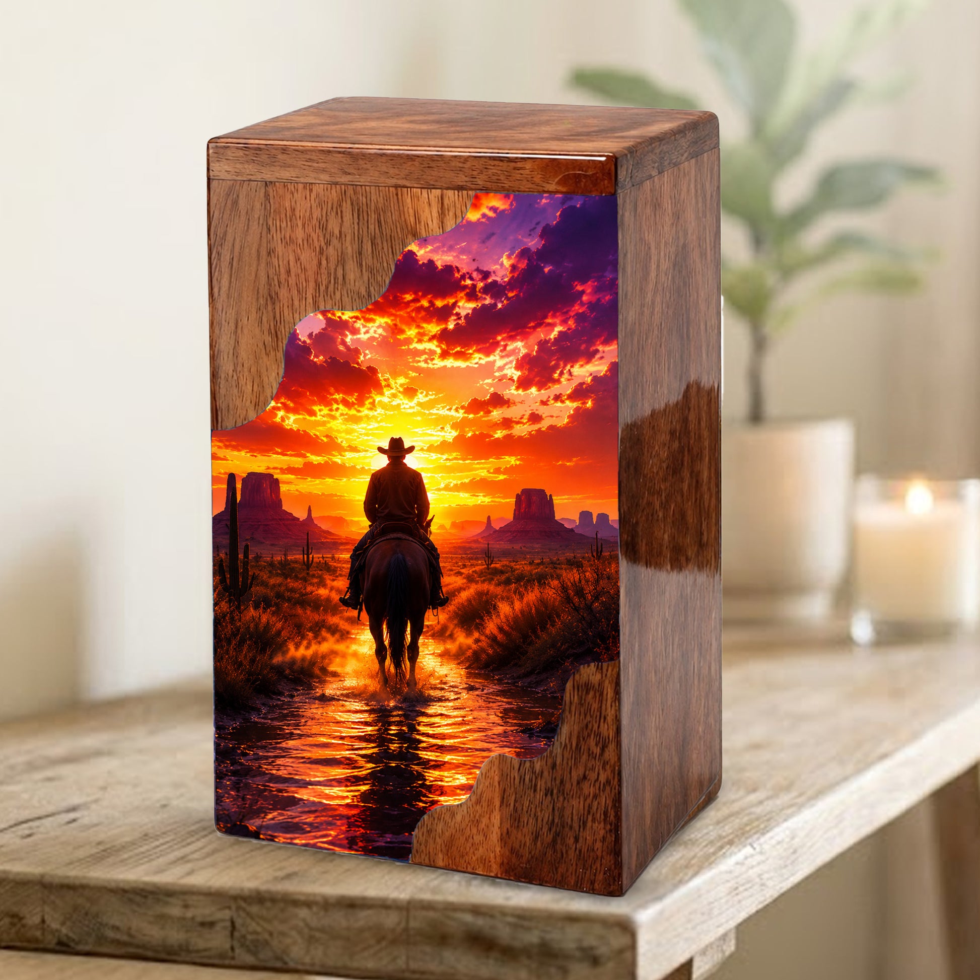 Western Cowboy Wooden Cremation Urn – Sunset Horse Memorial Urn for Human Ashes