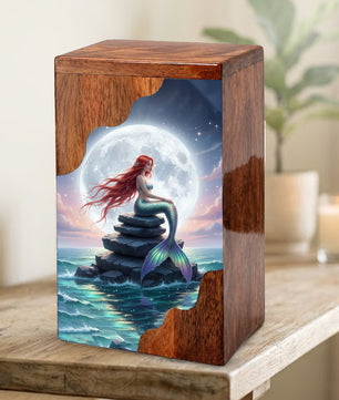 Wooden Cremation Urn – Moonlit Mermaid Memorial Urn | Custom Memorial Urn for Mom, Women & Loved Ones