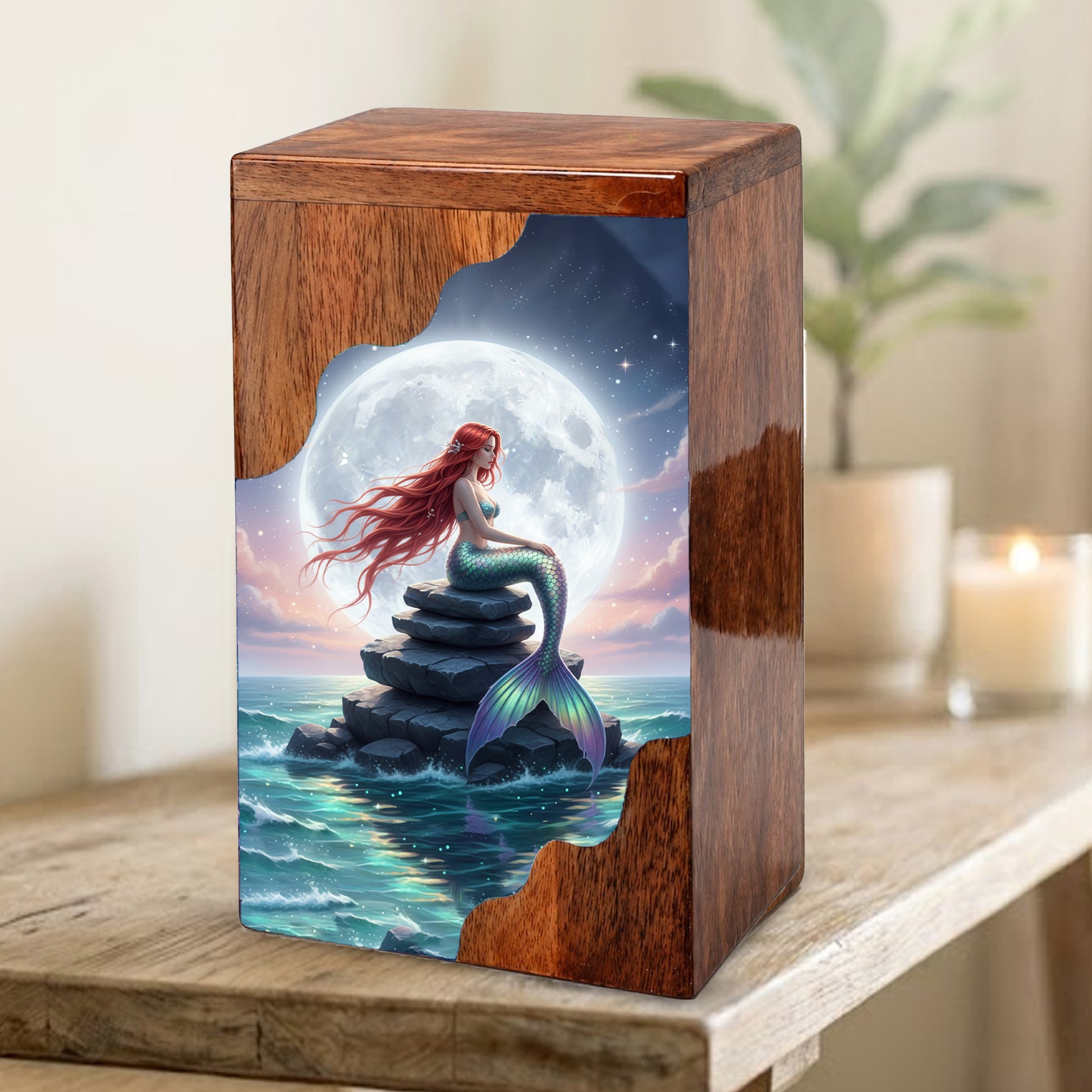 Wooden Cremation Urn – Moonlit Mermaid Memorial Urn | Custom Memorial Urn for Mom, Women & Loved Ones
